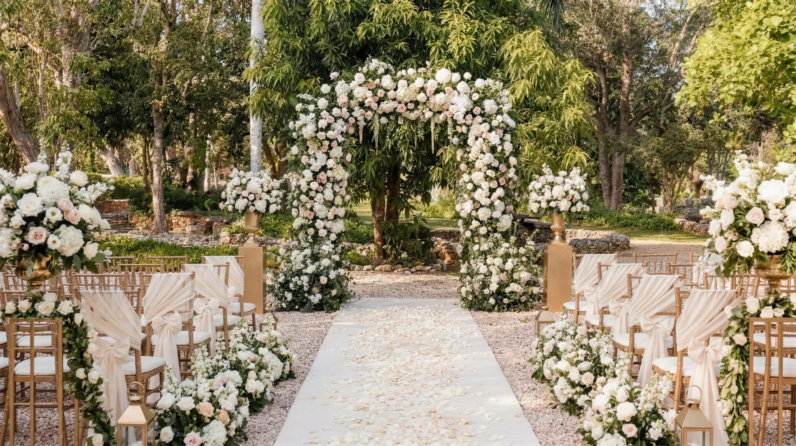 The same garden clearing dressed with white and blush florals, a petal-strewn aisle and gold chairs for a wedding ceremony