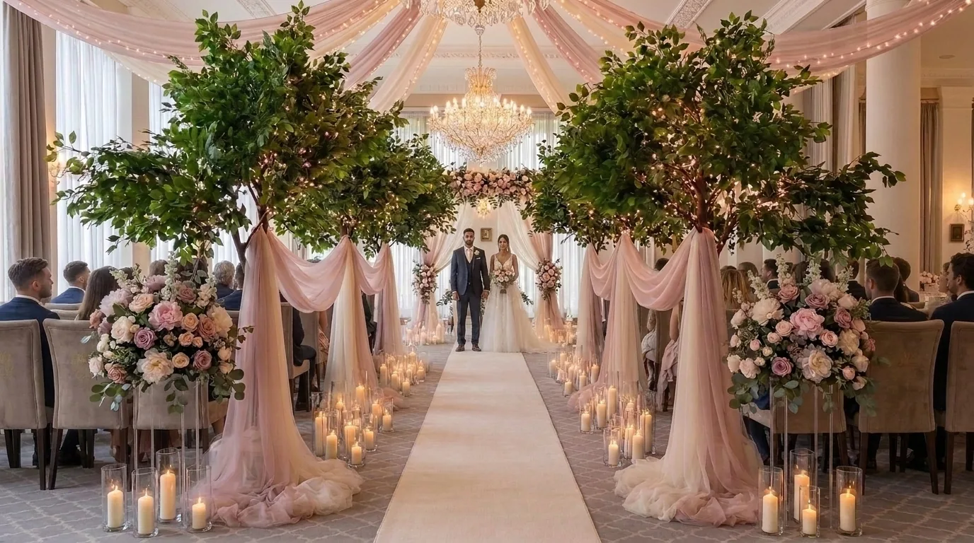 The same dressed room with the couple standing together at the altar