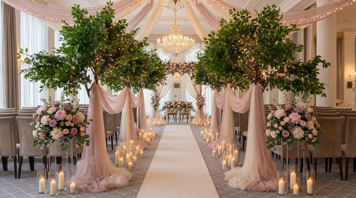 The same room dressed with florals, candlelight and an aisle of petals